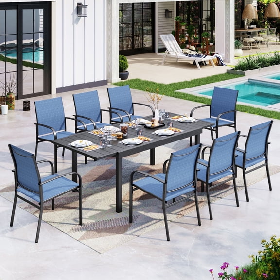 Sophia & William 9-Piece Patio Dining Set Outdoor Expandable Metal Patio Dining Table Set with 8 Blue Textilene Chairs