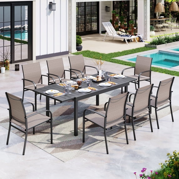 Sophia & William 9 Piece Patio Metal Dining Set Expandable Patio Dining Table and 8 Brown Textilene Chairs