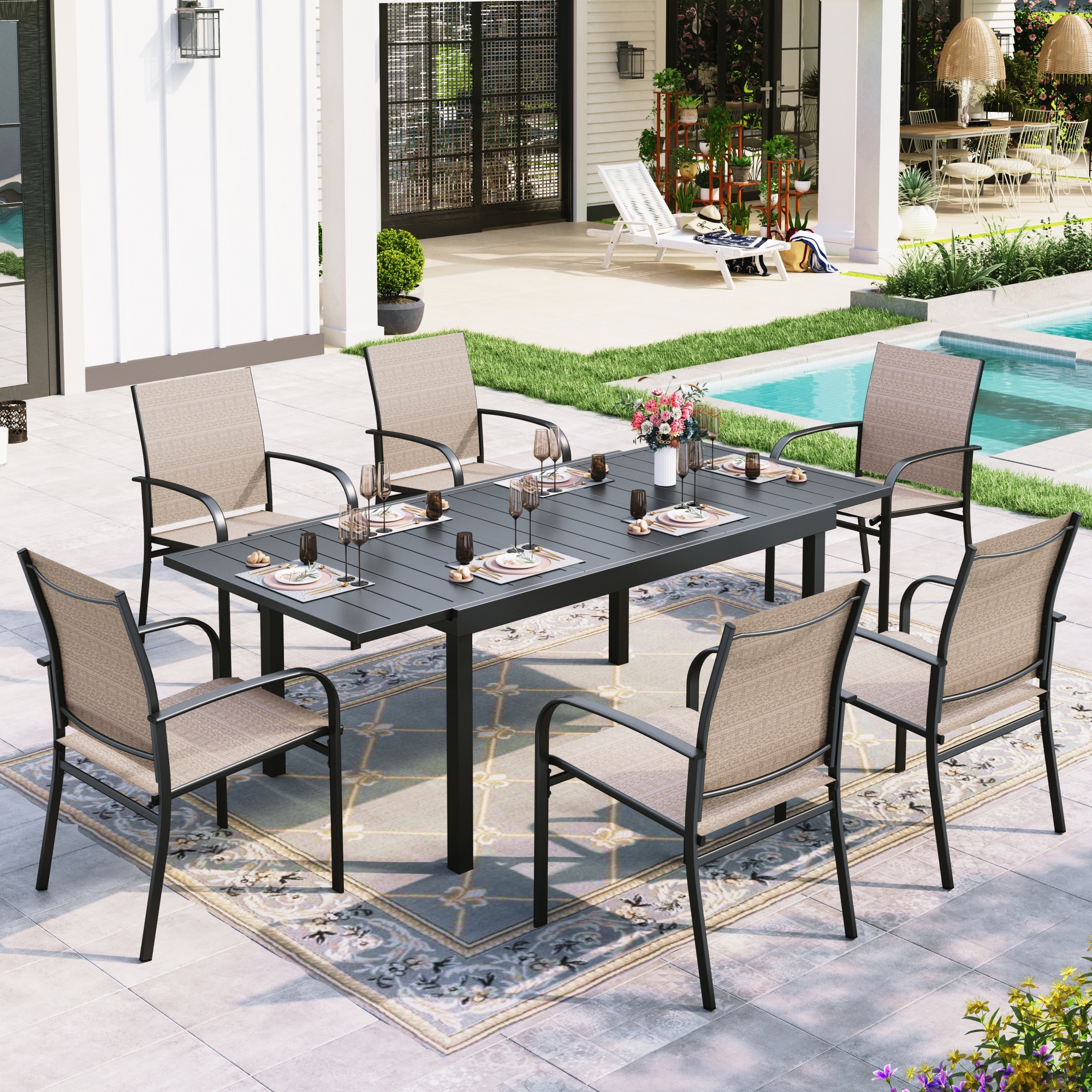 Sophia \u0026 William Outdoor 9-Piece Dining Set with Expandable Patio Table and  8 Brown Textilene Chairs - Walmart.com