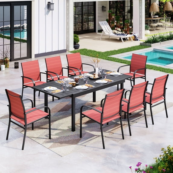 Sophia & William 9 Piece Patio Metal Dining Set Expandable Patio Dining Table and 8 Red Textilene Chairs