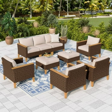 Sophia & William 9-Piece Wicker Outdoor Conversation Set Patio Furniture Sectional Sofa Set with Beige Cushions