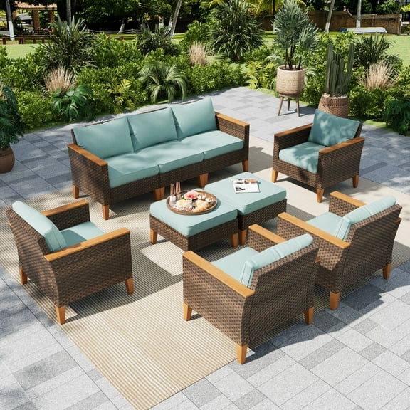 Sophia & William 9-Piece Wicker Outdoor Conversation Set Patio Furniture Sectional Sofa Set with Turquoise Cushions
