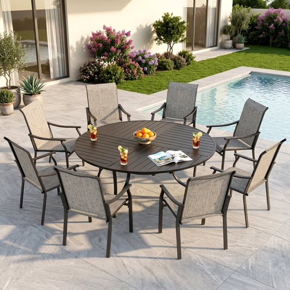 Sophia & William 9 Pieces Outdoor Metal Patio Dining Set Fixed Textilene Chairs and 67" Large Round Table Set for 8