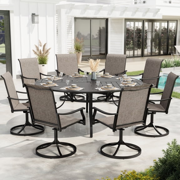 Sophia & William 9 Pieces Outdoor Metal Patio Dining Set Swivel Textilene Chairs and 67" Large Round Table Set for 8