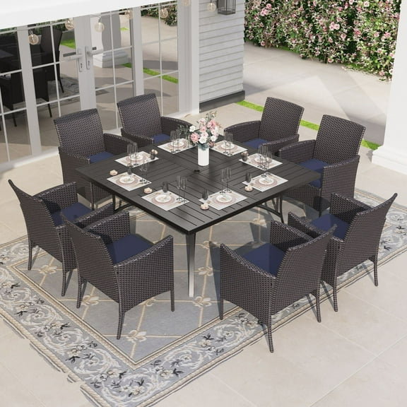 Alpha Joy 9 Pieces Outdoor Patio Dining Set Rattan Wicker Chairs and Large Square Metal Table Set