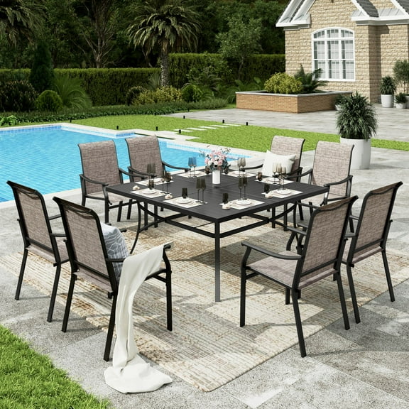 Sophia & William 9 Pieces Outdoor Patio Dining Set with 8Pcs Textilene Chairs & 1Pc 60" x 60" Metal Table for 8