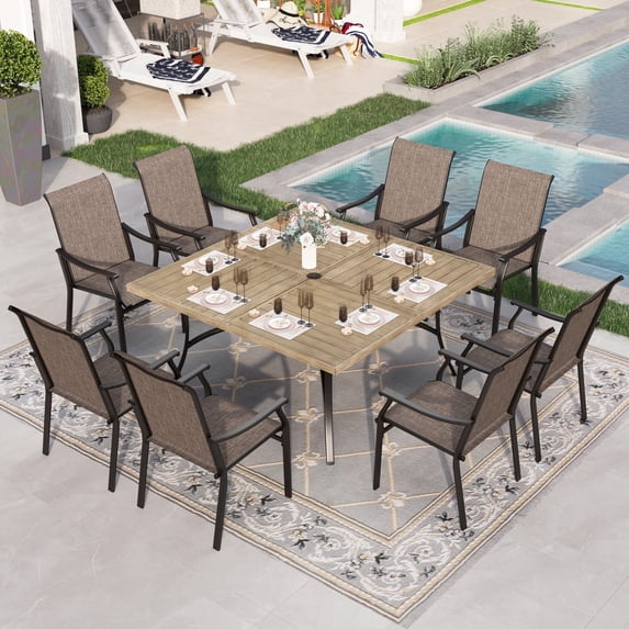 Sophia & William 9 Pieces Outdoor Patio Dining Set with 8Pcs Textilene Chairs & 1Pc 57.5" x 57.5" Teak-color Metal Table for 8