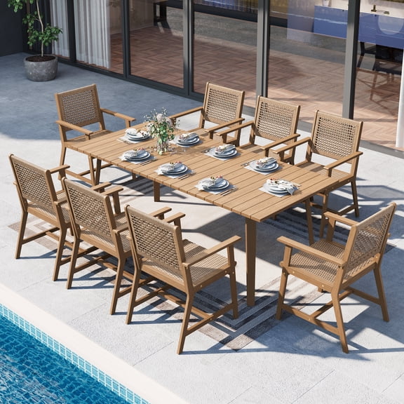 Sophia & William 9 Pieces Acacia Wood Outdoor Patio Dining Set Wicker Rattan Chairs and Rectangle Table Furniture Set for Lawn, Garden, Backyard