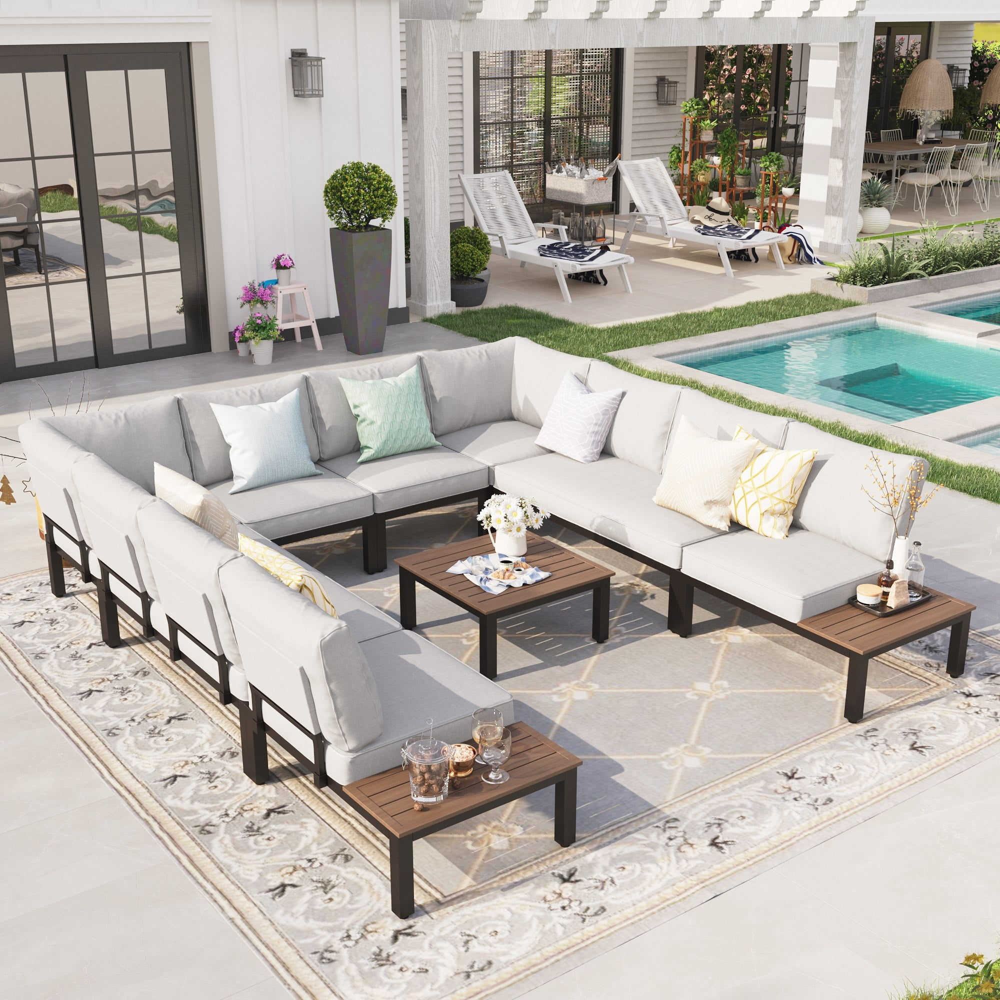 Sophia William 9 Piece Metal Patio Furniture Set Outdoor Sectional with Coffee Table Light Grey Cushions Walmart