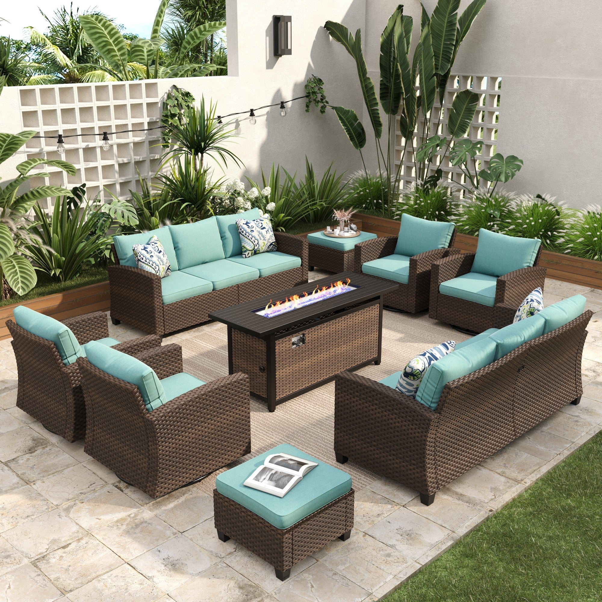 Sophia & William 9 Pieces Patio Furniture Set with Swivel Chairs and 56” Fire Pit Table, Blue