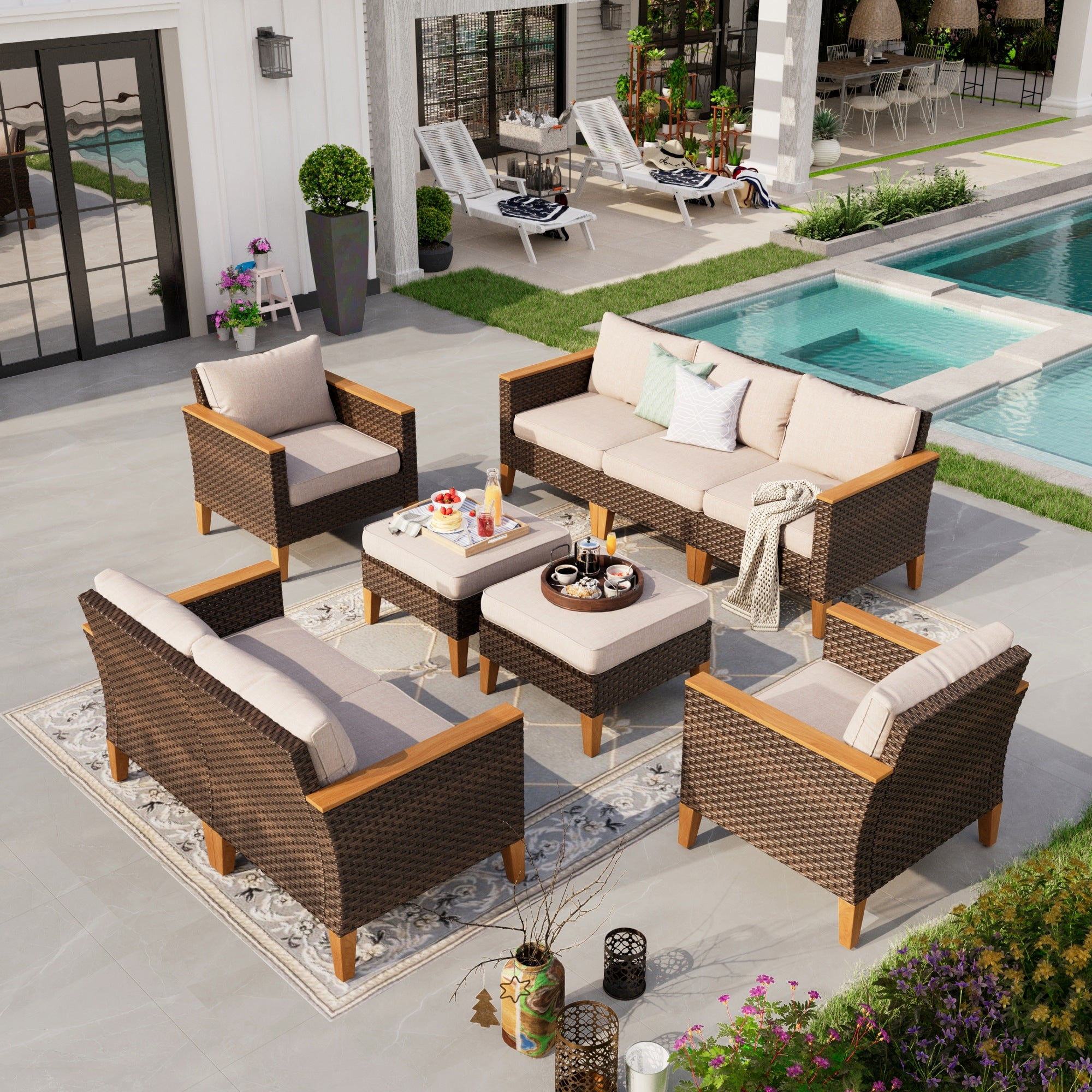 Sophia & William 9 Pieces Patio Wicker Conversation Sofa Set Outdoor Sectional Sofa with Beige Cushions