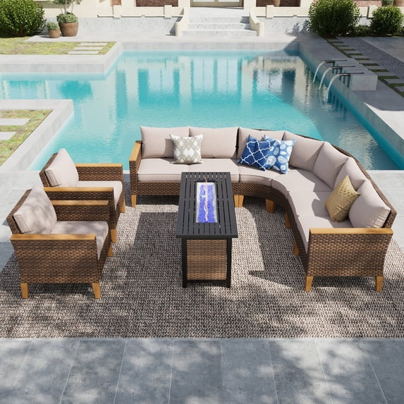 Alpha Joy 9 Pieces Wicker Outdoor Conversation Set with 56" Fire Pit Table Curved Patio Furniture Set, Beige