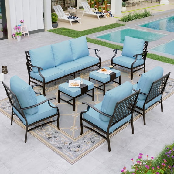 Sophia&William 9 Seat Outdoor Patio Furniture Set Metal Conversation Set with Coffee Table & 5.75" Extra Thick Cushions & 4 Chairs, Blue