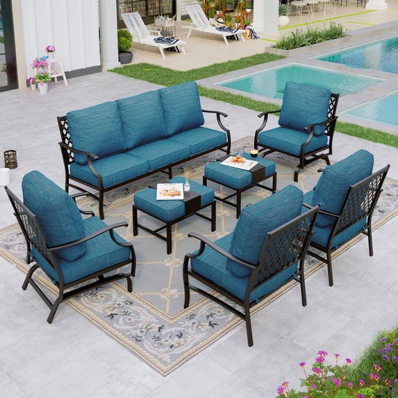Sophia&William 9 Seat Patio Furniture Set Outdoor Metal Conversation Set with Ottomans & 2 Rocking Chairs & 2 Fixed Chair & 5.75" Thickened Cushions, Pacific Blue
