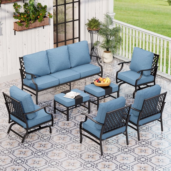 Sophia&William 9 Seat Patio Furniture Set Outdoor Metal Conversation Set with Ottomans & 2 Rocking Chairs & 2 Fixed Chair & 5.75" Thickened Cushions, Navy Blue