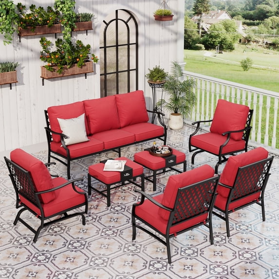 Sophia&William 9 Seat Metal Patio Conversation Set Outdoor Furniture Set with Ottomans & 2 Rocking Chairs & 2 Fixed Chair & 5.75" Thickened Cushions, Red