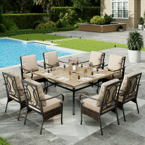 Sophia & William 9Pcs Outdoor Patio Dining Set Metal Cushioned Chairs and 60" Wood-grain Table Furniture Set for 8,Beige