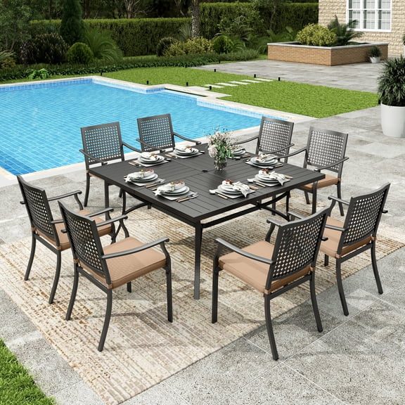 Sophia&William 9Pcs Patio Dining Set Outdoor Metal Cushioned Chairs and 57.5" Square Table Furniture Sets with 3.2" Padded Cushion for 8