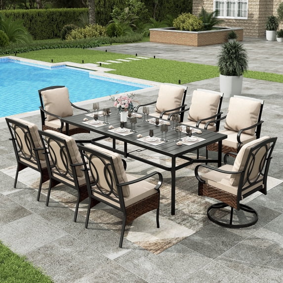 Sophia & William 9Pcs Patio Outdoor Dining Set Metal 84" Extendable Table & 8 Swivel Wicker Rattan Chairs with Beige Cushions