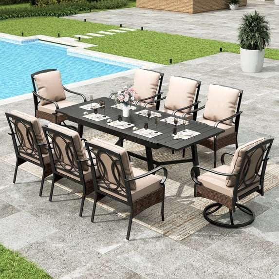 Sophia & William 9Pcs Patio Outdoor Dining Set Metal 84" Extendable Table & Swivel Wicker Rattan Chairs with Beige Cushions