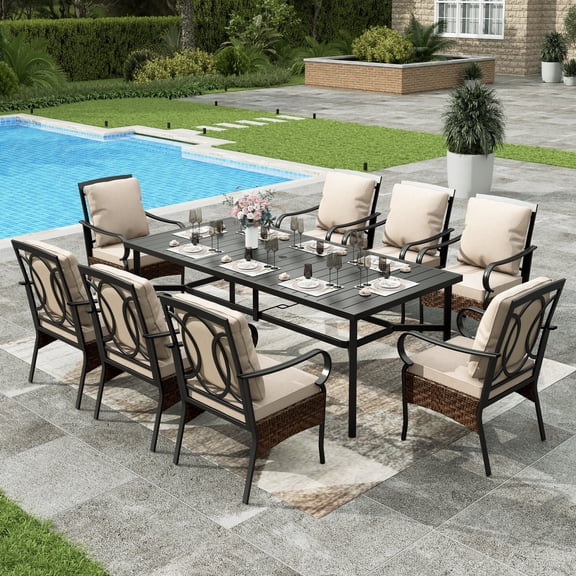 Sophia & William 9Pcs Patio Outdoor Dining Set Metal 84" Extendable Table with Beige Cushions for 8-Person