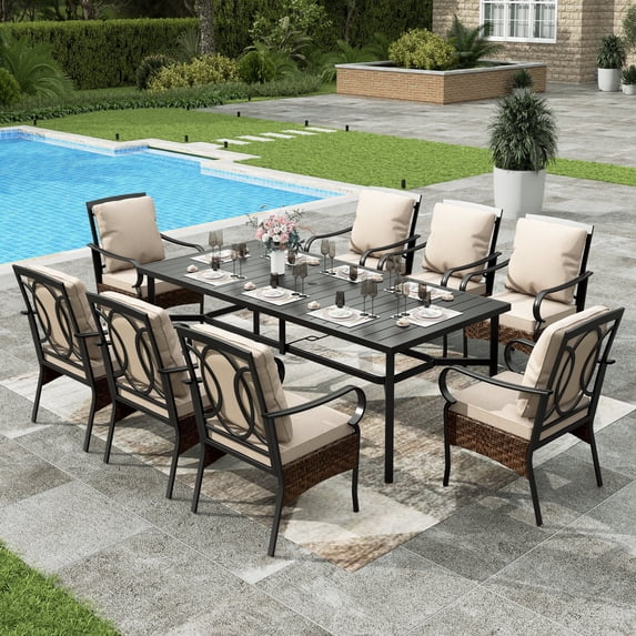 Sophia & William 9Pcs Patio Outdoor Dining Set Metal 84" Extendable Table with Beige Cushions for 8-Person