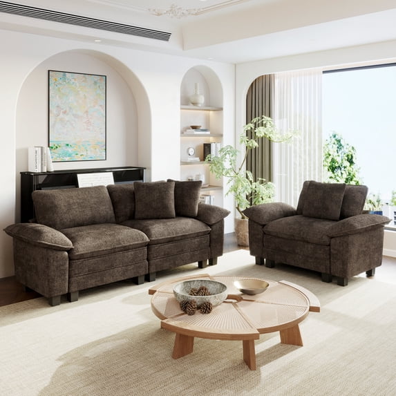 Sophia&William 3-Seat Modular Sectional Sofa Sets, Oversized Chenille Cloud Couch with Deep Seat & 3 Throw Pillows for Living Room,Grayish Brown