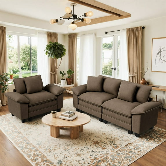 Sophia&William 3-Seat Modular Sectional Sofa Sets, Modern Chenille Cloud Couch Sofa Oversized Sectional with 3 Pillows for Living Room,Brown