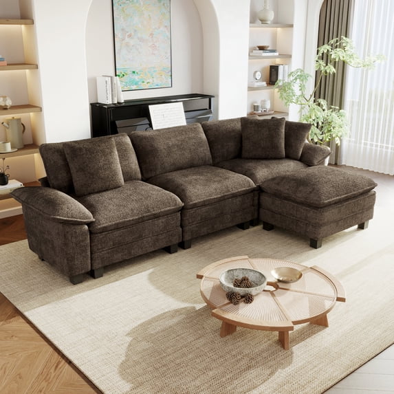 Sophia&William 123.6"L Modular Sectional Sofa Sets, Modern Chenille Couch 4-Seat Deep Sofa 3 Pillows & Ottomans for Living Room,Grayish Brown