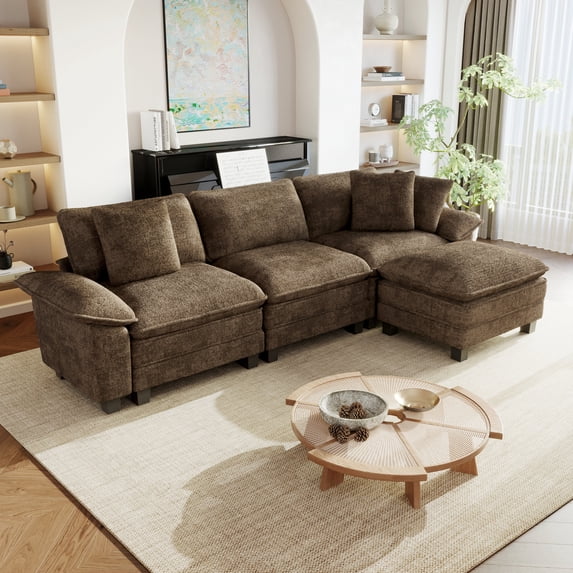 Sophia&William 123.6"L Modular Sectional Sofa Sets, Modern Chenille Couch 4-Seat Deep Sofa 3 Pillows & Ottomans for Living Room,Taupe