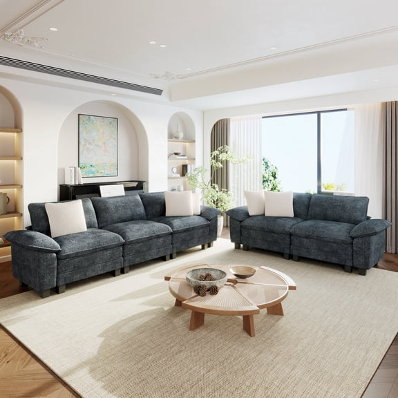 Sophia&William Sectional Sofa Sets, Modern Chenille Cloud Couch 5-Seat Deep Modular Sofa Oversized Sectional with 5 Pilliows for Living Room, Blue