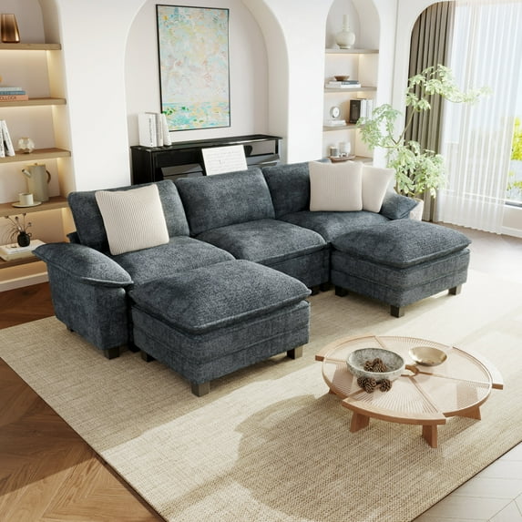 Sophia&William 123.6"L U-Shaped Modular Sectional Sofa Sets, Modern 5-Seat Chenille Cloud Couch Oversized Sofa with 3 Pillows & 2 Ottomans, Pillows for Living Room,Blue