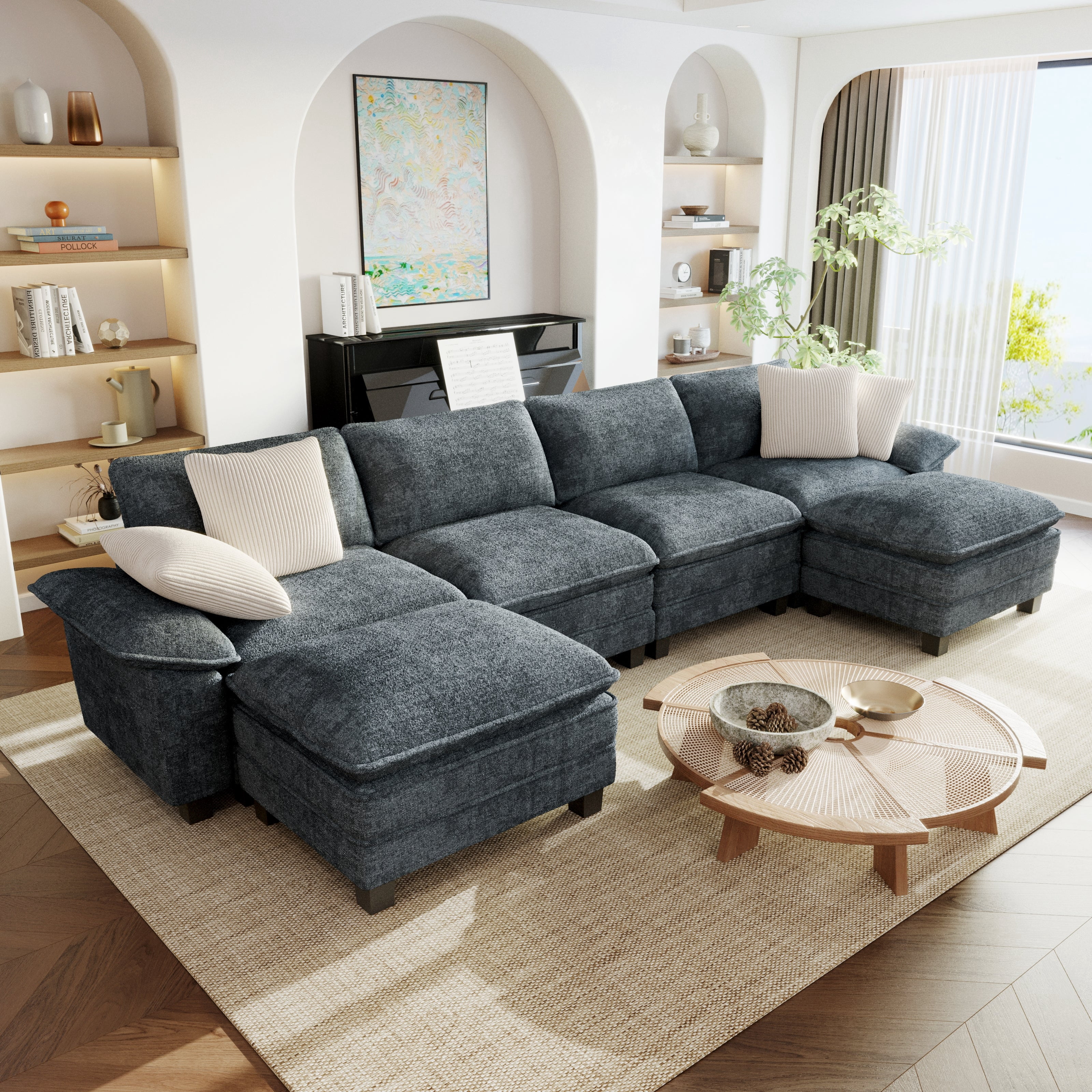 Sophia&William 157.5"L Modular Sectional Sofa Sets, Modern Chenille Cloud Couch Sofa Oversized 6-Seat Sofa & 4 Pillows & 2 Ottomans for Living Room,Blue