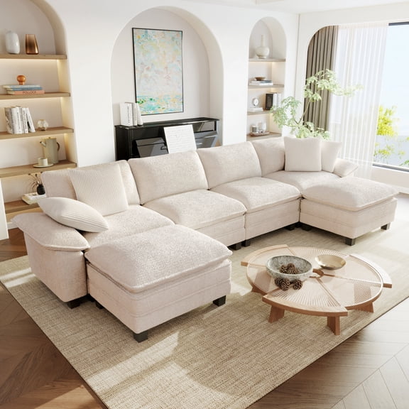 Sophia&William 157.5"L Modular Sectional Sofa Sets, 6-Seat Oversized Chenille Cloud Couch Sofa with Deep Seat & 4 Pillows & 2 Ottomans for Living Room,White