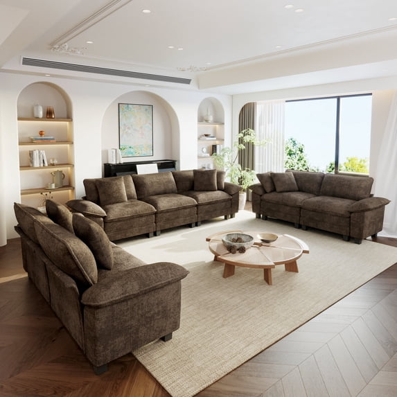 Sophia&William 123.6"L Chenille Modular Sectional Sofa, 7-Seat Modern U-Shaped Cloud Couch Convertible Sofa with 7 Pillows for Living Room,Taupe