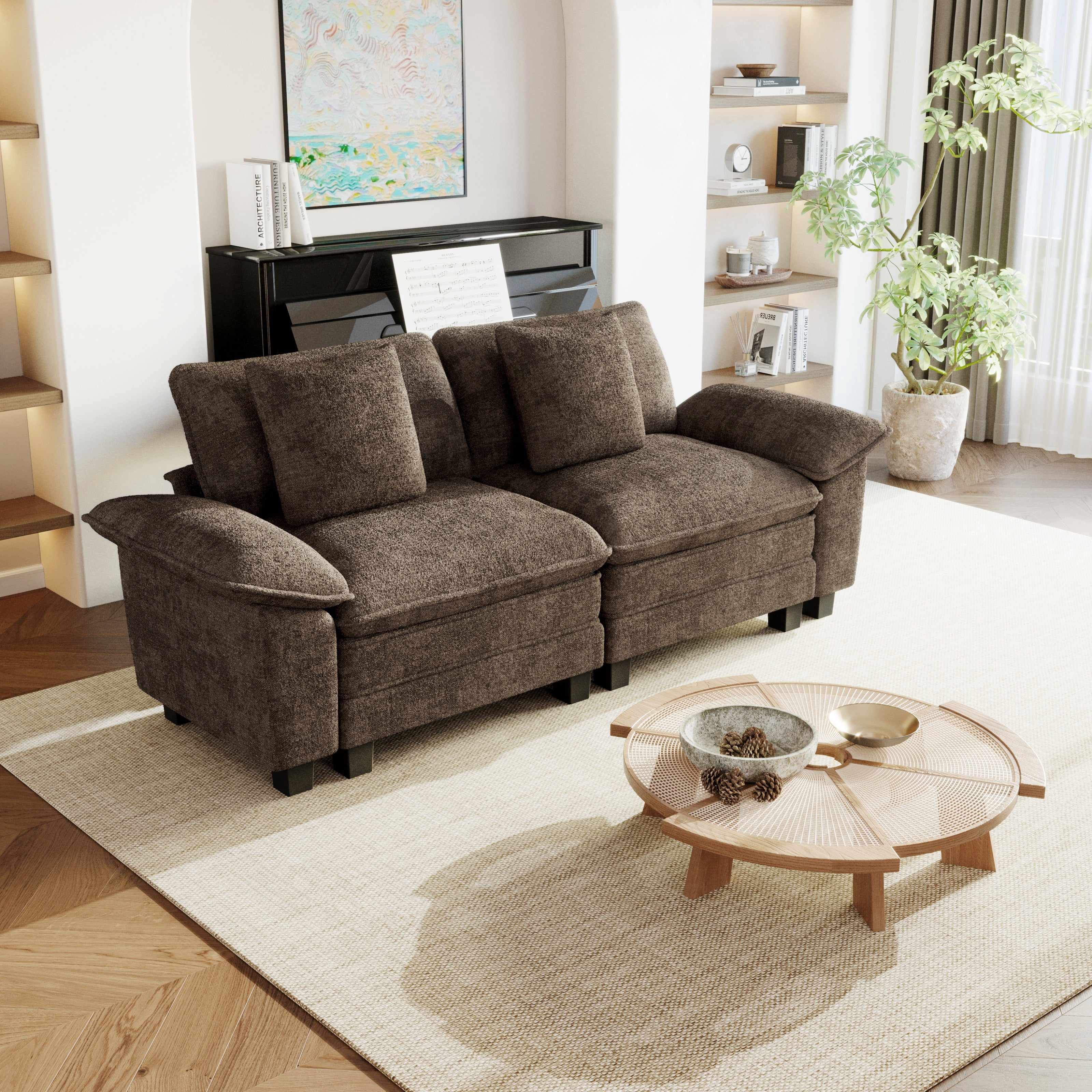 Sophia&William 87.5"L Modular Sectional Sofa Sets, 2-Seater Oversized Loveseat Chenille Cloud Couch Sofa Set with 2 Pillows for Living Room,Grayish Brown