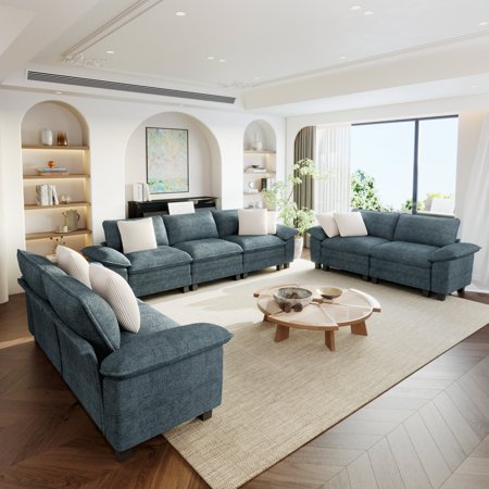 Sophia&William 123.6"L Chenille Sectional Sofa Couch, 7-Seat Modern U-Shaped Cloud Couch Convertible Sofa Modular with 7 Pillows for Living Room,Green