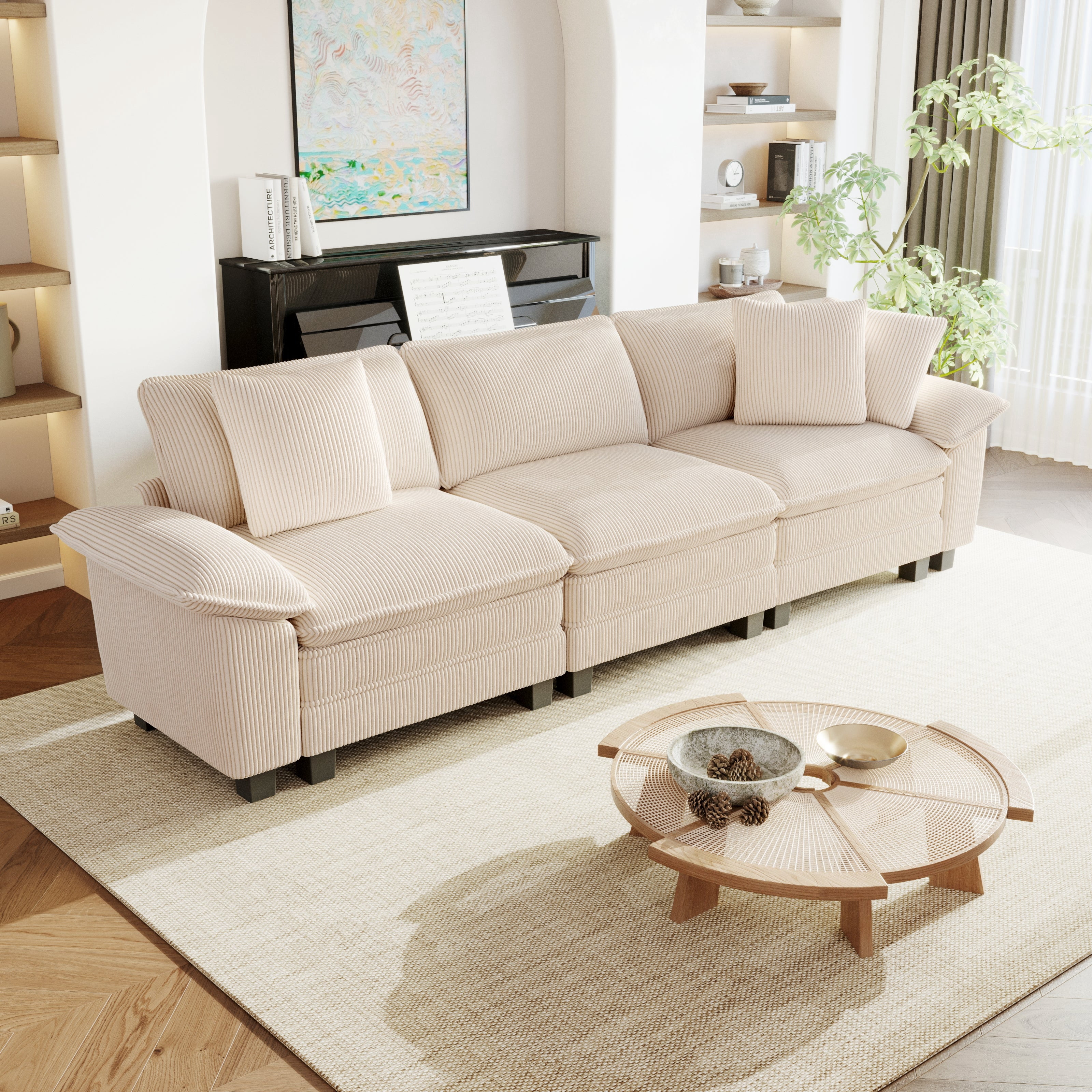 Sophia&William 3-Seat Modular Sectional Sofa Sets, Modern Chenille Cloud Couch Sofa with Deep Seat & 3 Pillows for Living Room,Beige