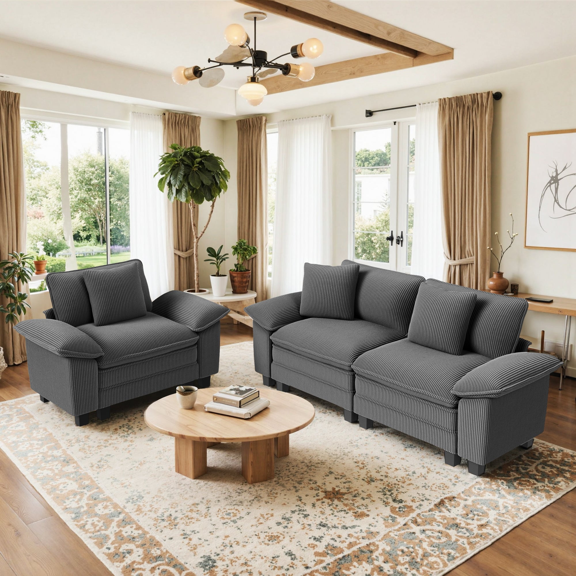 Sophia&William 3-Seat Modular Sectional Sofa Sets, Oversized Corduroy Cloud Couch with Deep Seat & 3 Throw Pillows for Living Room,Gray