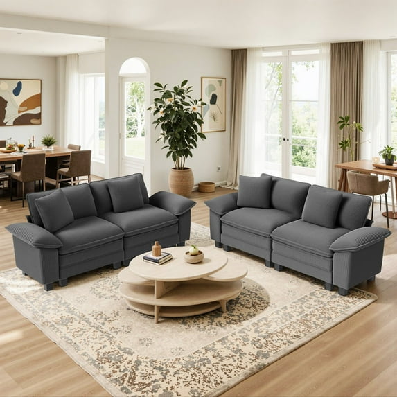 Sophia&William Modular Sectional Sofa Sets, Modern Corduroy Cloud Couch 4-Seat Sofa Sectional with Throw Pillows for Living Room,Gray