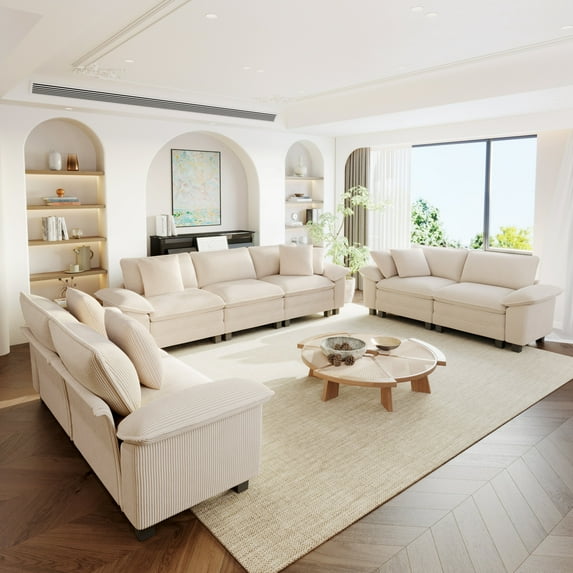 Sophia&William 123.6"L Chenille Modular Sectional Sofa Sets, 7-Seat Modern U-Shaped Cloud Couch Convertible Oversized Sofa with 7 Pillows for Living Room,Beige