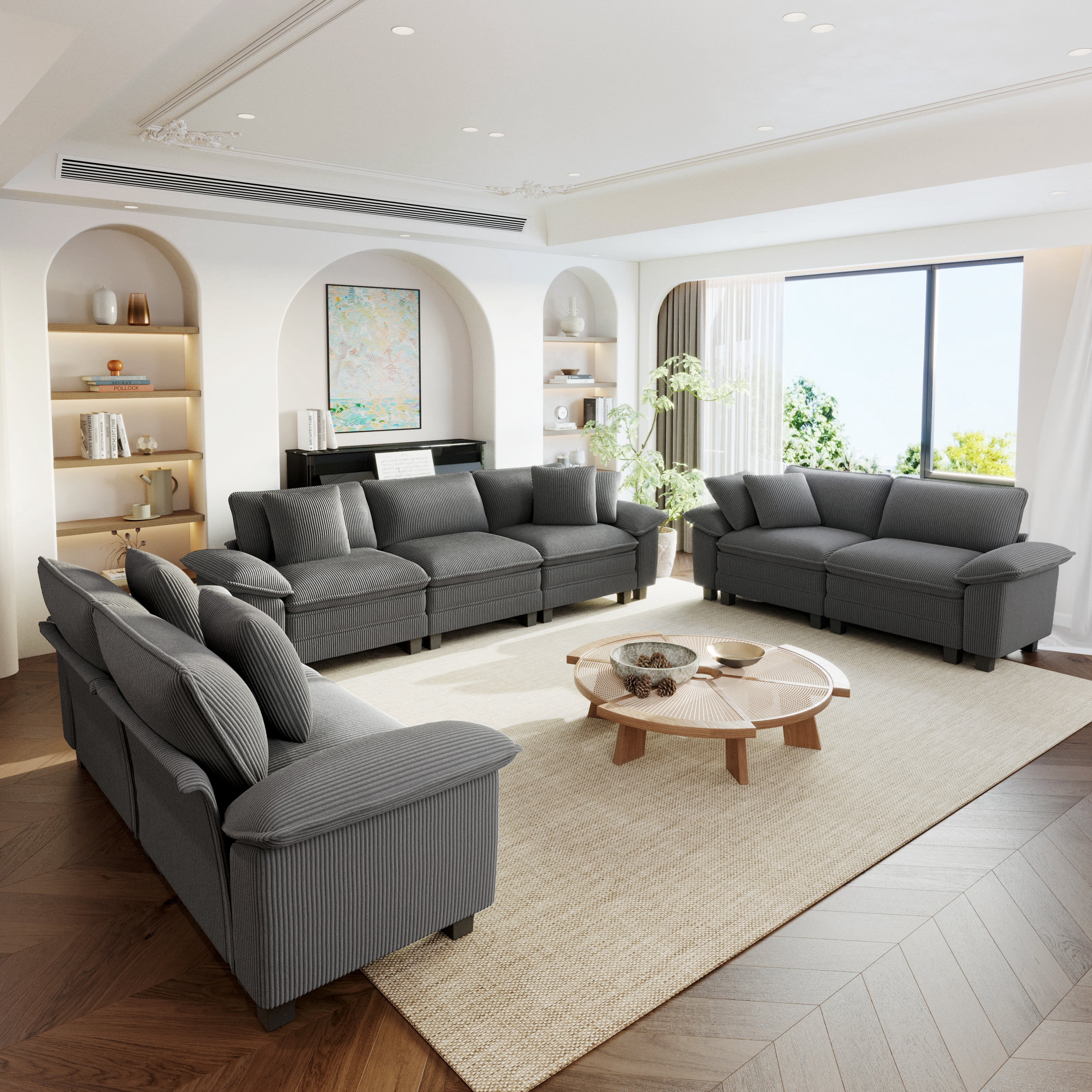 Sophia&William 123.6"L Modular Corduroy Sectional Sofa Sets, 7-Seat Modern U-Shaped Cloud Couch Convertible Sofa with 7 Pillows for Living Room,Gray