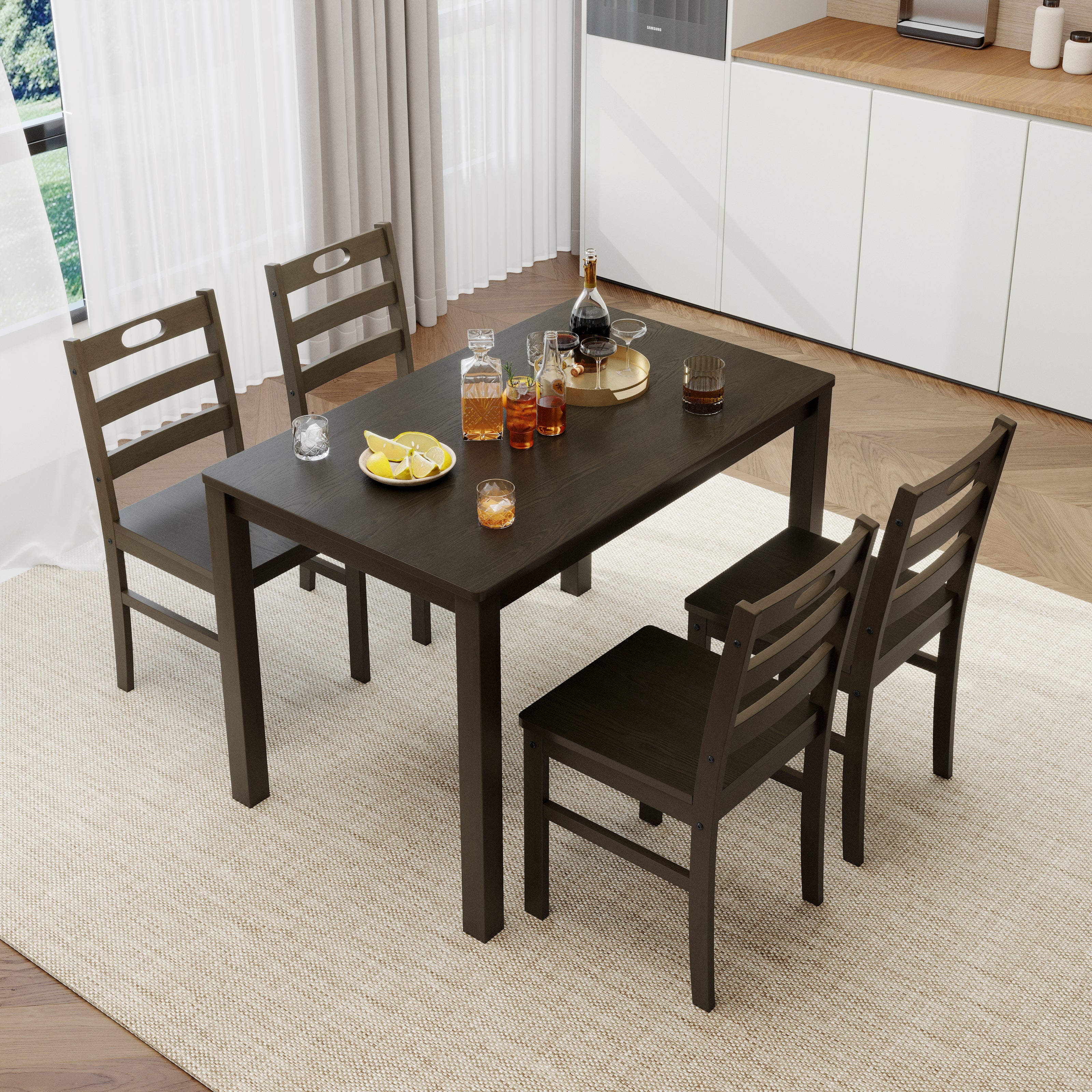 Alpha Joy Farmhouse Dining Table Set for 4 Solid Wood Kitchen Chairs and Table Set, Dark Walnut