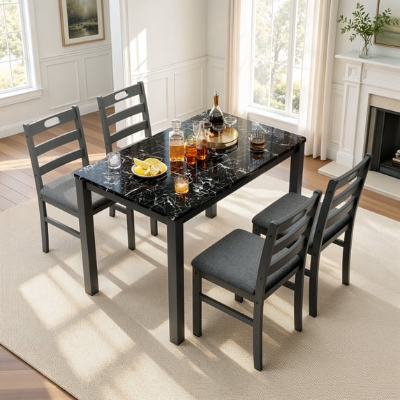 Alpha Joy Farmhouse Dining Table Set for 4, Faux Marble Rectangular Table with Solid Wood Paded Chairs