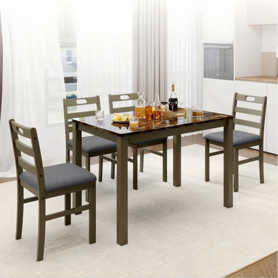 Alpha Joy Farmhouse Dining Table Set for 4, Faux Marble Rectangular Table with Solid Wood Paded Chairs