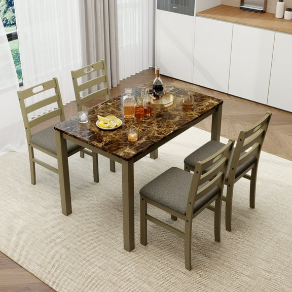 Alpha Joy Farmhouse Dining Table Set for 4, Faux Marble Rectangular Table with Solid Wood Paded Chairs
