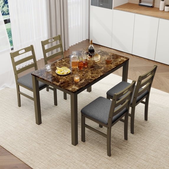 Alpha Joy Farmhouse Dining Table Set for 4, Faux Marble Rectangular Table with Solid Wood Paded Chairs