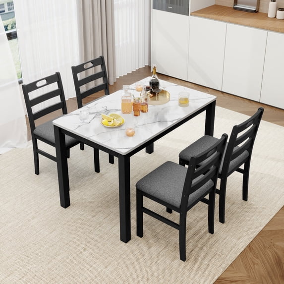 Alpha Joy Farmhouse Dining Table Set for 4, Faux Marble Rectangular Table with Solid Wood Paded Chairs