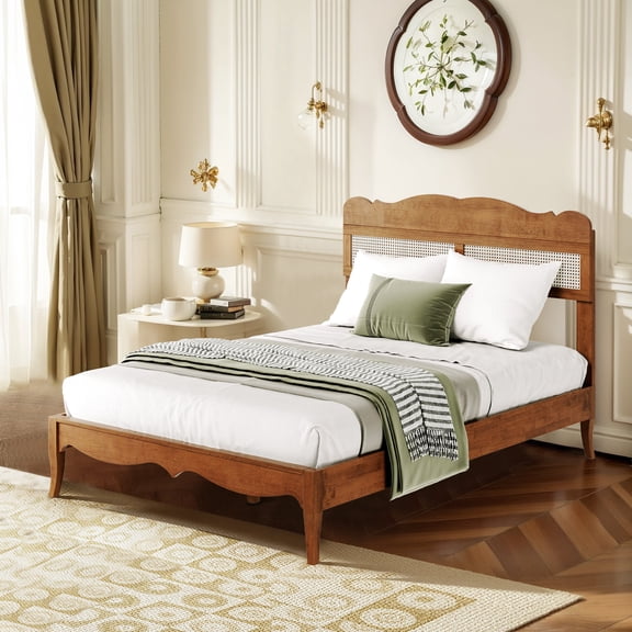 Sophia & William Full Size Wood Platform Bed Frame with Wooven Rattan Adjustable Headboard & Wooden Slats,No Box Spring Needed