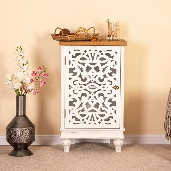 Alpha Joy Hollow-Carved Accent Cabinet End Table for Living Room,Bedroom-White